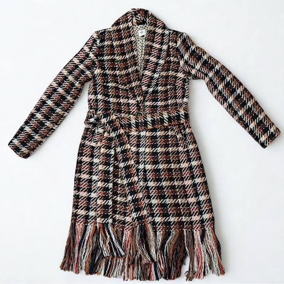 CAbi Regency Coat Plaid Fringe Hem Long Coat Size XS Wool Blend Tweed - Picture 2 of 15